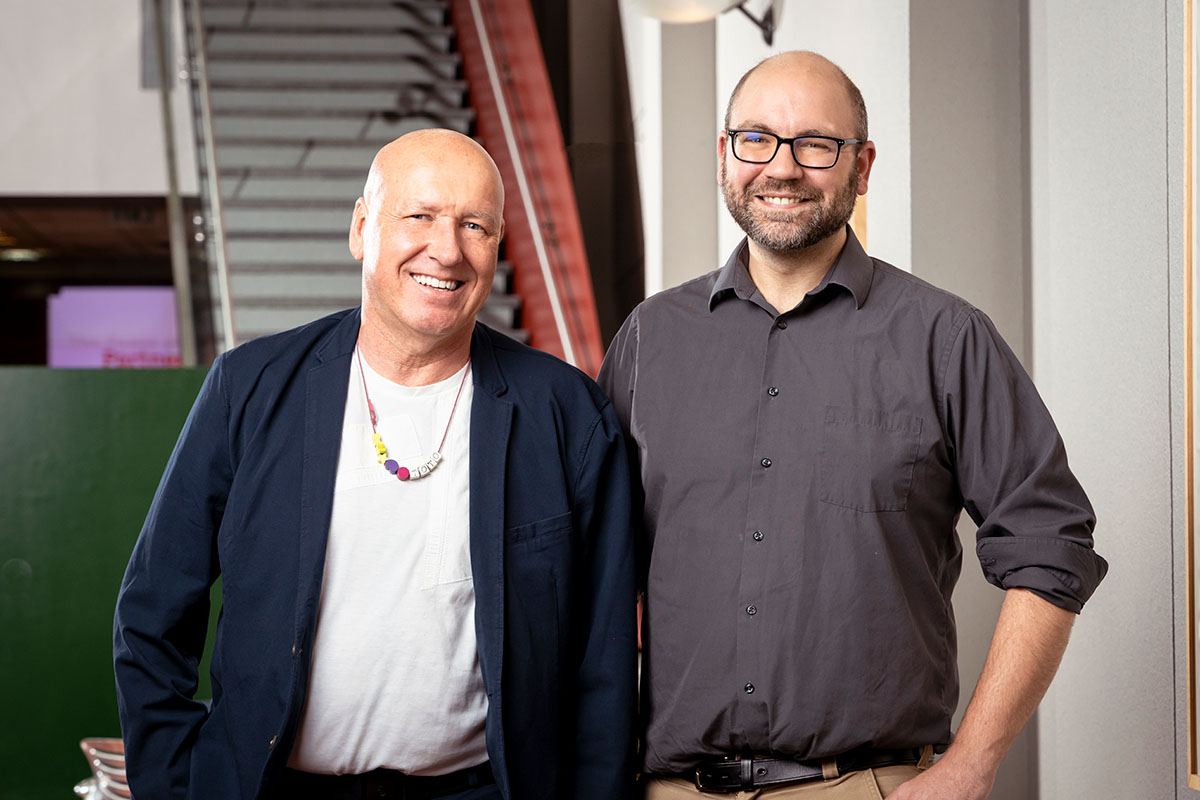 Organoid Intelligence Team The Organoid Intelligence project’s WSE PI, Thomas Hartung, Ph.D., M.D., and APL PI, Erik Johnson, Ph.D., stand beside each other. Team member names – including those not pictured – are listed in the text below the image.